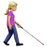 mulher com bengala para cego: pele morena clara e de frente para a direita